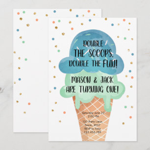 Ice Cream Twin Birthday Blue Mint Cone Confetti Kaart
