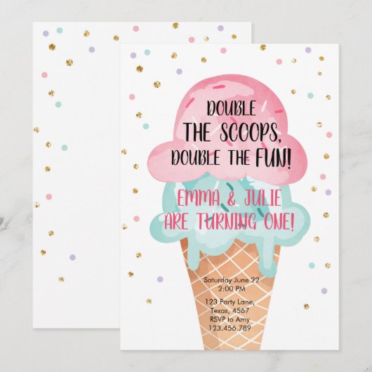 Ice Cream Twin Birthday roze motorkone Confetti Kaart (Voorkant / Achterkant)