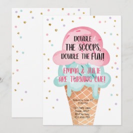 Ice Cream Twin Birthday roze motorkone Confetti Kaart