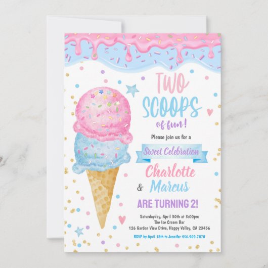 Ice Cream Twins Boy Girl Birthday Party Pink Blue Kaart (Voorkant)