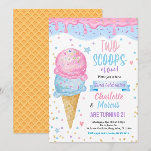 Ice Cream Twins Boy Girl Birthday Party Pink Blue Kaart (Voorkant / Achterkant)