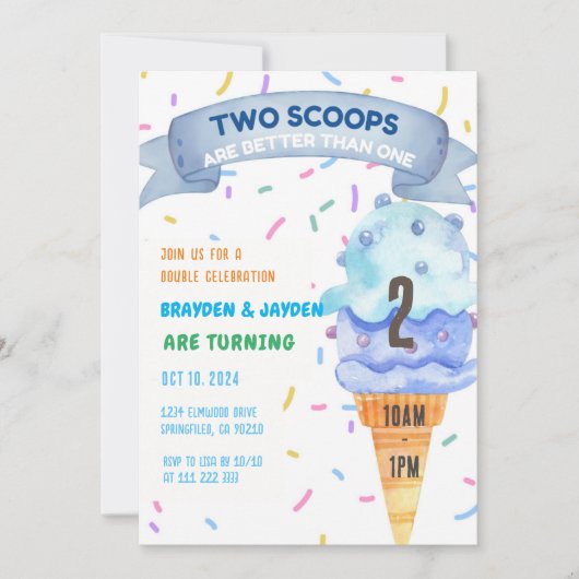 Ice Cream Twins Jongens Meisjes Twee Scoops Verjaa Kaart (Voorkant)