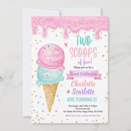 Ice Cream Twins Meisje Verjaardagsfeestje Roze Paa Kaart (Voorkant)