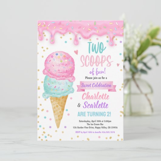 Ice Cream Twins Meisje Verjaardagsfeestje Roze Paa Kaart (Staand voorkant)