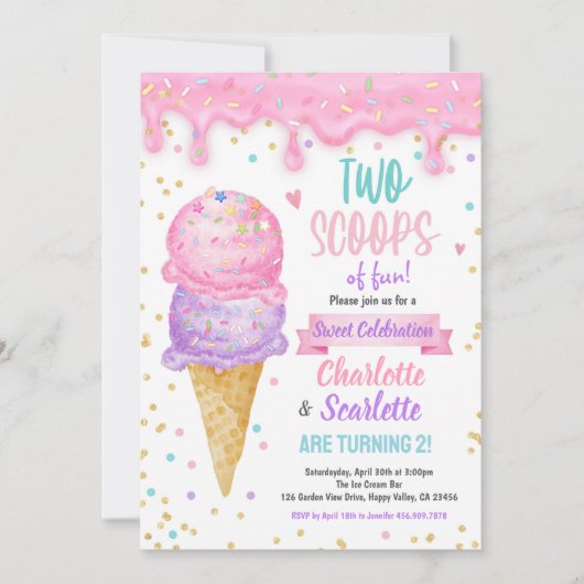 Ice Cream Twins Meisje Verjaardagsfeestje Roze Paa Kaart (Voorkant)