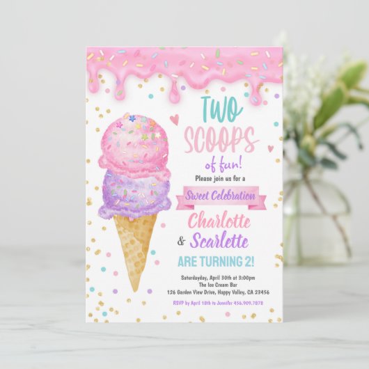 Ice Cream Twins Meisje Verjaardagsfeestje Roze Paa Kaart (Staand voorkant)