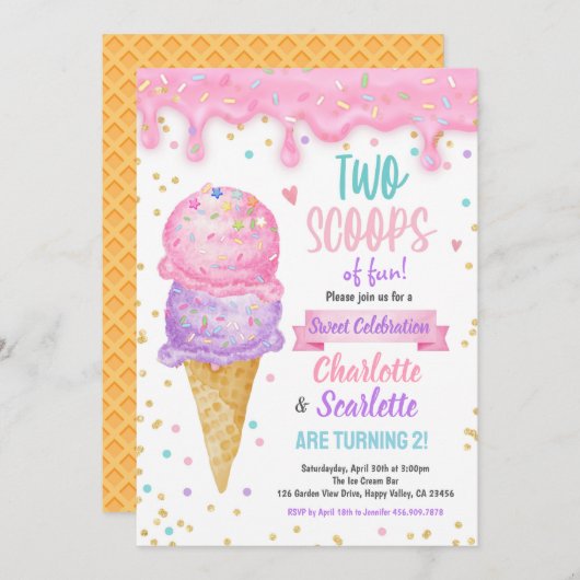 Ice Cream Twins Meisje Verjaardagsfeestje Roze Paa Kaart (Voorkant / Achterkant)