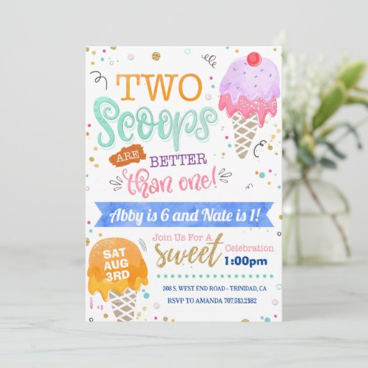 Ice Cream Two Scoops Verjaardag Uitnodiging Meisje (Staand voorkant)