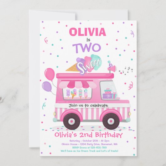 Ice Cream Two Sweet 2e verjaardag Ice Cream Truck Kaart (Voorkant)