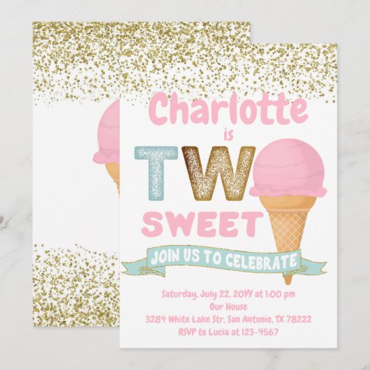 Ice Cream Two Sweet Gold Sprinkles 2e verjaardag i Kaart (Voorkant / Achterkant)