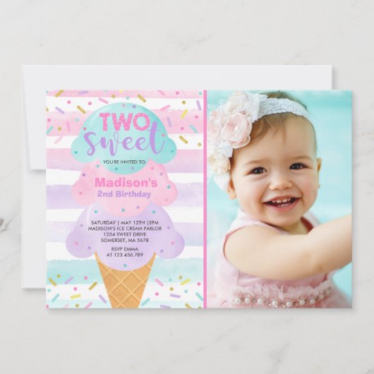 Ice Cream Uitnodiging Twee Zoete 2e Verjaardag (Voorkant)