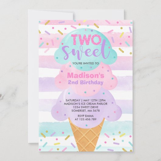 Ice Cream Uitnodiging Twee Zoete 2e Verjaardag (Voorkant)