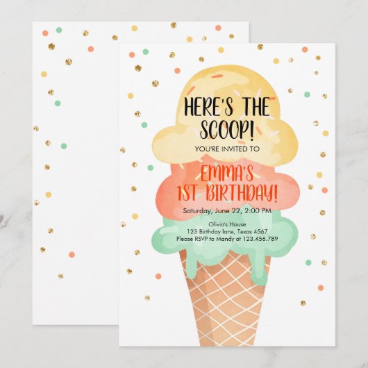 Ice Cream Verjaardag Hier is de Scoop Party Zomer Kaart (Voorkant / Achterkant)