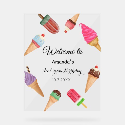 Ice Cream Verjaardag Pool Summer Party Acryl Bord (Voorkant)