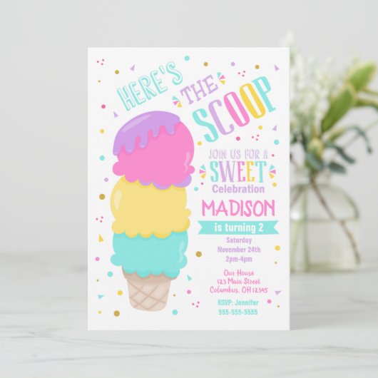Ice Cream Verjaardag Uitnodiging Sweet Celebration (Staand voorkant)