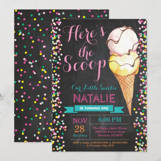 Ice Cream Verjaardag Uitnodiging Zomer Krijtbord (Voorkant / Achterkant)