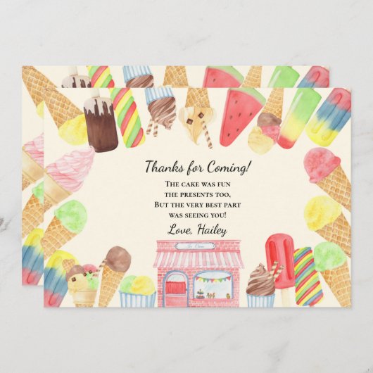 Ice Cream Verjaardagsfeestje Dank u kaart (Voorkant / Achterkant)