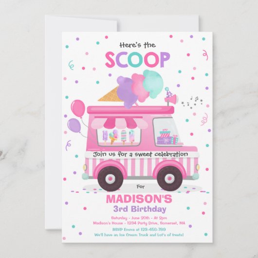 Ice Cream verjaardagsfeestje Ice Cream Truck Verja Kaart (Voorkant)
