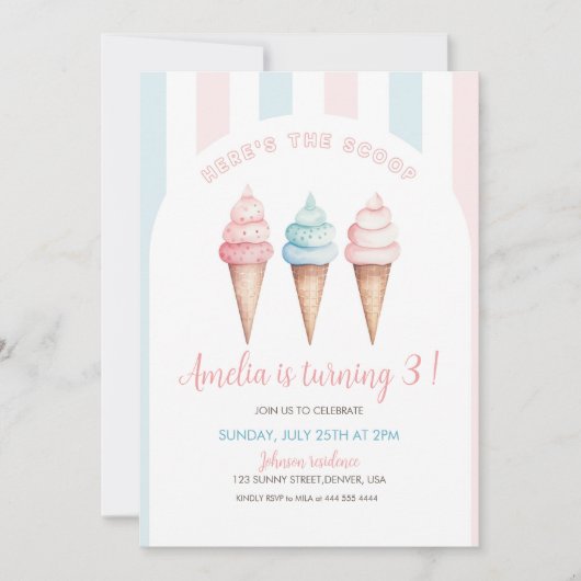 Ice Cream verjaardagsuitnodiging, hier is de scoop Kaart (Voorkant)