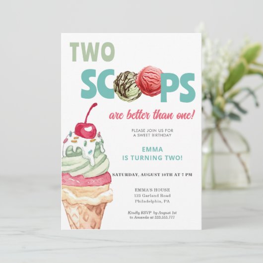 Ice Cream verjaardagsuitnodiging Twee schepjes Kaart (Staand voorkant)