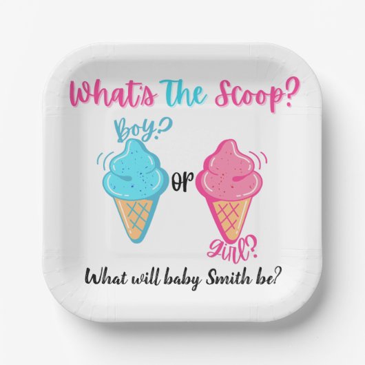 Ice Cream Wat is de Scoop Gender Reveal Custom Papieren Bordje (Voorkant)