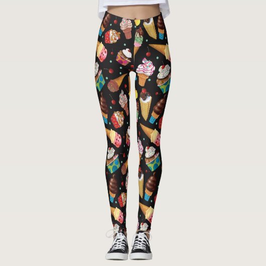 Ice Cream Whimsical Patterted Leggings Black (Voorkant)