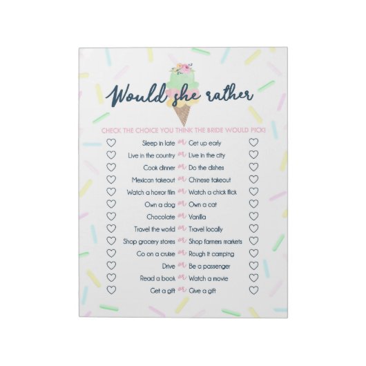 Ice Cream wil dat ze liever Vrijgezellenfeest Game Notitieblok (Linkerzijde)