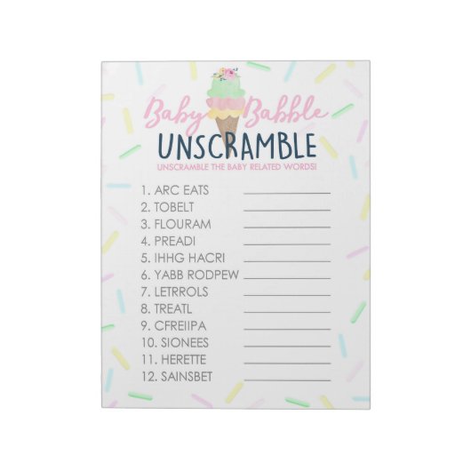 Ice Cream Word Unscramble Baby shower Game Pack Notitieblok (Linkerzijde)
