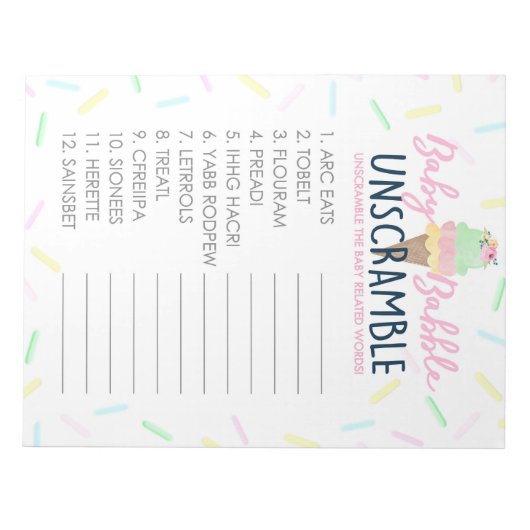 Ice Cream Word Unscramble Baby shower Game Pack Notitieblok (Voorkant)