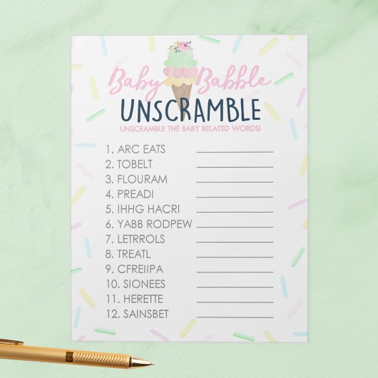 Ice Cream Word Unscramble Baby shower Game Pack Notitieblok