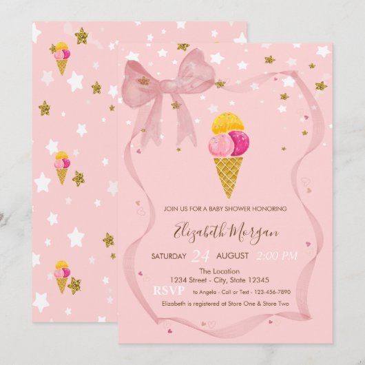 Ice Creams Stars Pink Bow Baby shower Kaart (Voorkant / Achterkant)