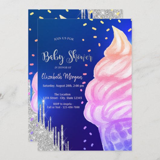 Ice crème Cone Confetti Royal Blue Baby shower Kaart (Voorkant / Achterkant)