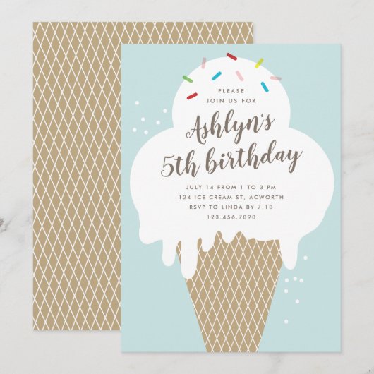 Ice crème cone kinder blue verjaardagsfeestje kaart (Voorkant / Achterkant)