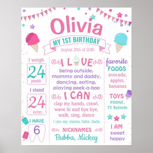 Ice crème First Birthday milestone sign. Poster (Voorkant)