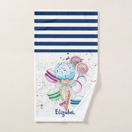 Ice crème Macaroons Navy Blue White Striped Bad Handdoek (Handdoek)