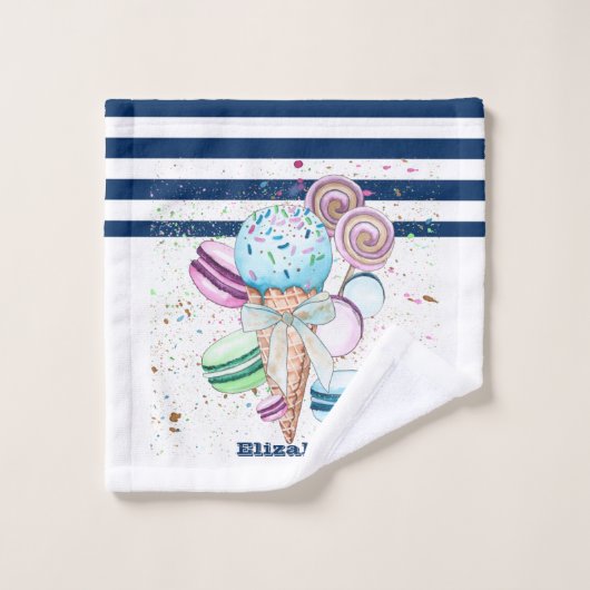 Ice crème Macaroons Navy Blue White Striped Bad Handdoek (Wasdoekje)
