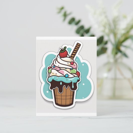 Ice crème sundae sticker briefkaart (Staand voorkant)