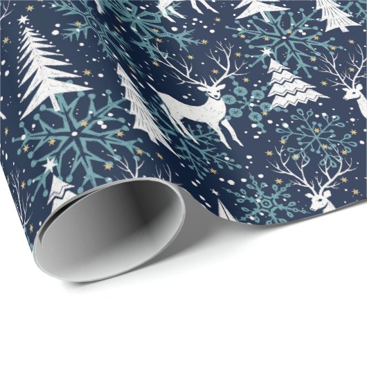 Ice Crystal Christmas Deer Blauwgroen Cadeaupapier (Rol Hoek)