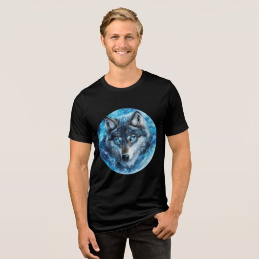 Ice Galaxy Wolf with Blue Eyes Tri-Blend Shirt (Voorkant volledig)