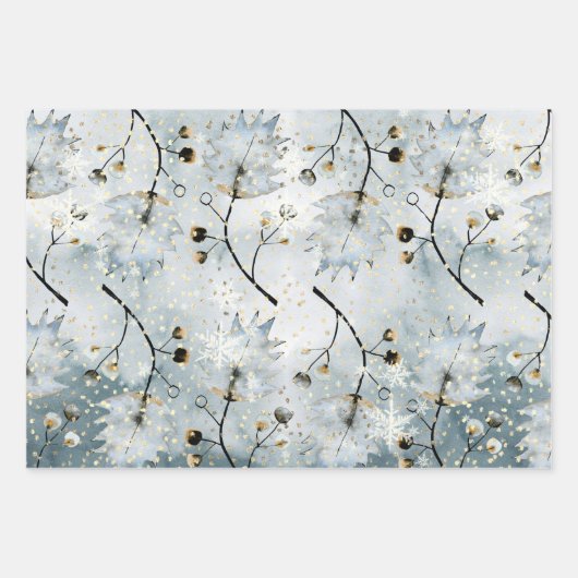 Ice Gray Winter Holly Berries Golden Snowfall Inpakpapier Vel (Voorkant)