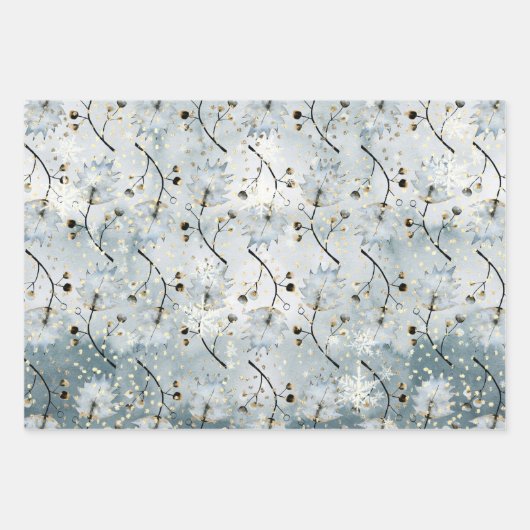 Ice Gray Winter Holly Berries Golden Snowfall Inpakpapier Vel (Voorkant 3)