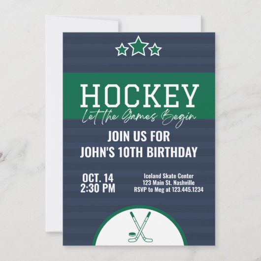 Ice Hockey Birthday Blue Green Stripe Kaart (Voorkant)
