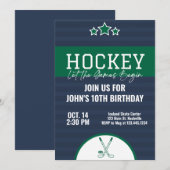 Ice Hockey Birthday Blue Green Stripe Kaart (Voorkant / Achterkant)
