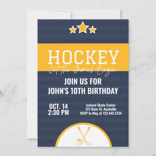 Ice Hockey Birthday Blue Yellow Stripe Kaart (Voorkant)