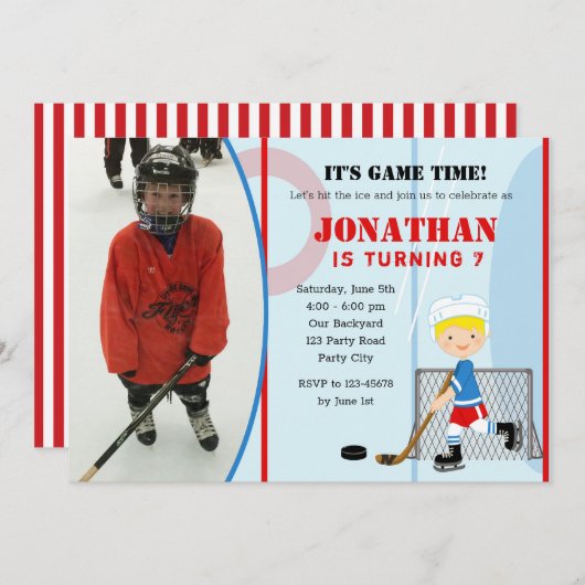 Ice Hockey Birthday Invitations with Photo (Boys) Kaart (Voorkant / Achterkant)