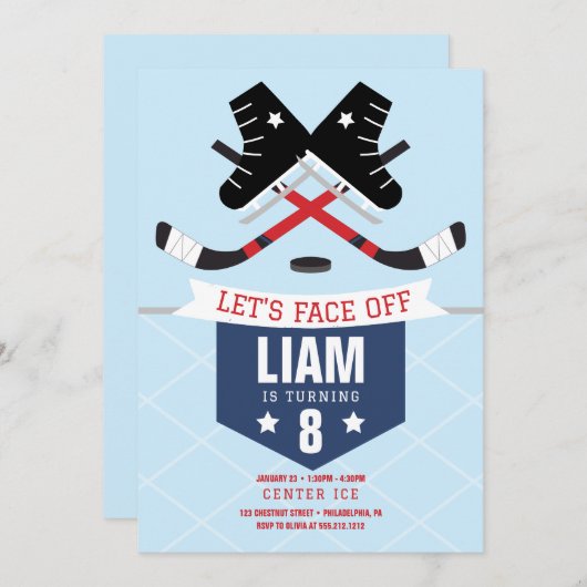 Ice Hockey Birthday Party Invitation Kaart (Voorkant / Achterkant)