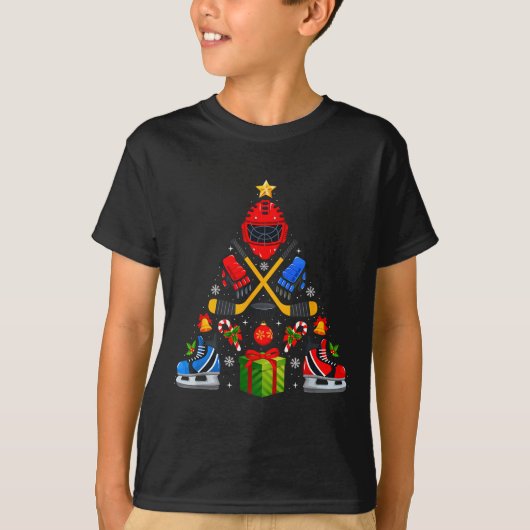 Ice Hockey Christmas Tree Lights Red Santa Hat Xma T-shirt (Voorkant)