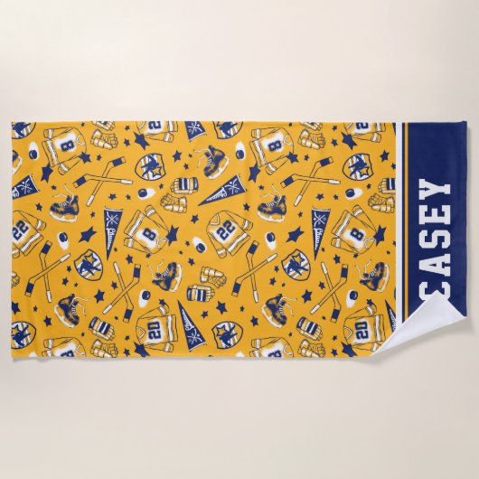 Ice Hockey Gear Yellow Navy White Outline Print Strandlaken (Voorkant)