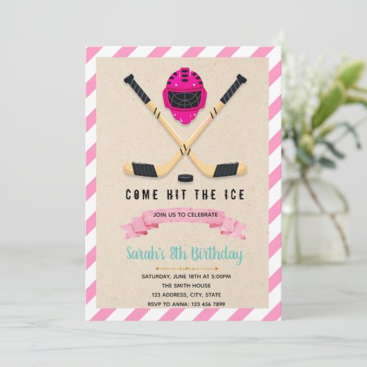 Ice hockey jarig meisje uitnodiging (Staand voorkant)