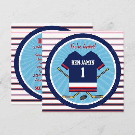 Ice Hockey Jersey V2 1st Birthday Party Kaart (Voorkant / Achterkant)